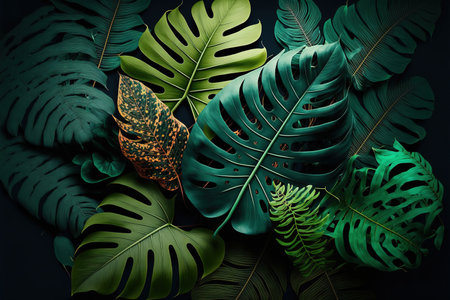 Luxury tropical leaves plant and foliage exotic background abstract of dark botany . Admirable Generative AI image .の素材