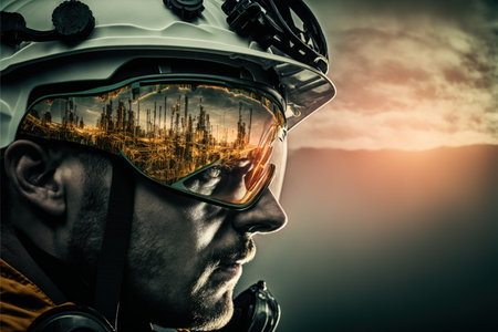 Wondrous image of modern oil refinery technology efficiently processes crude oil into valuable goods vial industrial pipeline. Engineer with hardhat portrait in double exposure by Generative AI.の素材