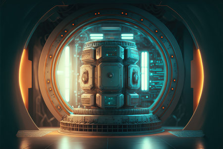 Abstract in futuristic interior architecture of spaceship with power generative technology. Concept of control room with neon color light outer space. Finest generative AI.の素材