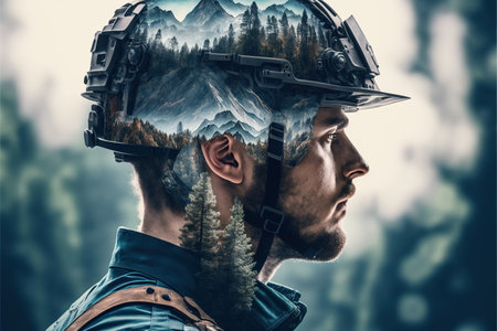 Determined man with hiking helmet and equipments for mountian climbing portrait and wondrous mountain landscape in double exposure. Adventurous and outdoor nature exploration concept by Generative AI.の素材