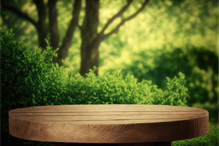 Empty wooden table in natural green garden outdoor. Product placement with sunday light. Finest generative AI.の素材