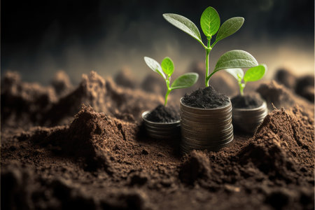 Business concept by growing plants on coin stack isolated on blur landscape background. Theme of glowing young plant from seed in the forest. Finest generative AI.の素材