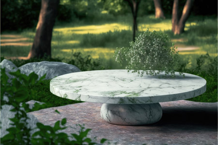 Empty marble table in natural green garden outdoor. Product placement with sunday light. Finest generative AI.の素材