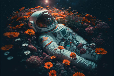 Astronaut laying in the colorful flower garden with top view. Concept of the relaxation in space cinematic fantasy dark light. Finest generative AI.