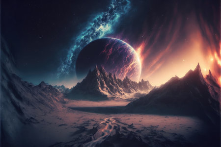 Landscape in fantasy new planet with galaxy background. Concept of nebula space atmosphere with mountain and snowy. Finest generative AI.の素材