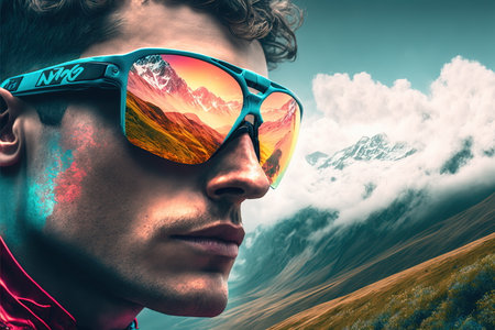 Young male cyclist portrait wearing sunglasses with wondrous reflection of the natural environment of mountain landscape and beautiful sky, Fitness and extreme sport in the peak concept Generative AI.の素材