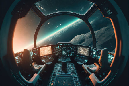 Outer view of cockpit spaceship window with control system room. Abstract discover new planet in space. Finest generative AI.の素材