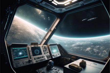 Outer view of spaceship window with control system room. Abstract discover new planet in space. Finest generative AI.の素材
