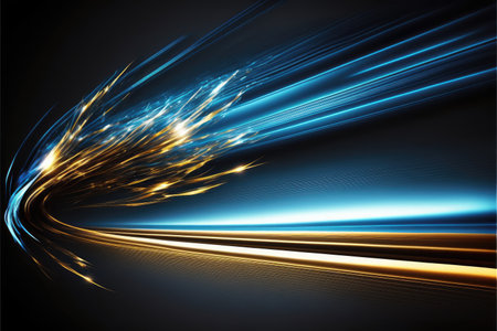 Abstract of speed car racing of taillight in streak with blue and gold color concept. Art in digital street background. Finest generative AI.の素材