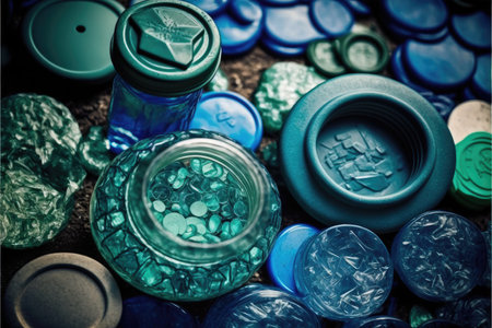 Concept of plastic recycle with blue bottle background. Inspiration of separated used plastic scrap of recyclable reducing global warming pollution. Finest generative AI.の素材