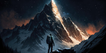 A journey of a lonely man through mountain landscape in the night sky. superlative generative AI image.の素材