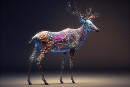 Dear with iridescent prism texture and intricate polygon pattern design. Creative abstract wild life animal in digital wireframe concept. Superb Generative AIの素材