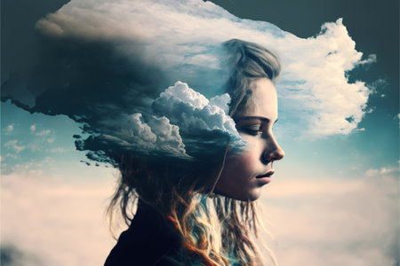 Double exposure image of woman portrait with the sky and cloudscape for peaceful mind and psychological tranquility concept. Meditative and mental ability abstract art. Superb Generative AIの素材
