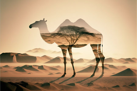 Camel abstract artwork in double exposure of sahara desert, animal art with sand landscape as dromedary with nature background concept. Superb Generative AI.の素材