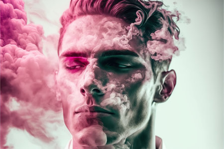 Double exposure man with pink smoke in contemporary abstract art design. Creative artwork showing inner stress, frustration emotion or negative state of mind, Superb Generative AI.の素材