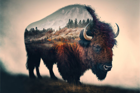 American male bison grazing on grassland with double exposure background of natural scenery in yellowstone. Large mammal body with fur and horn. Superb Generative AI.の素材
