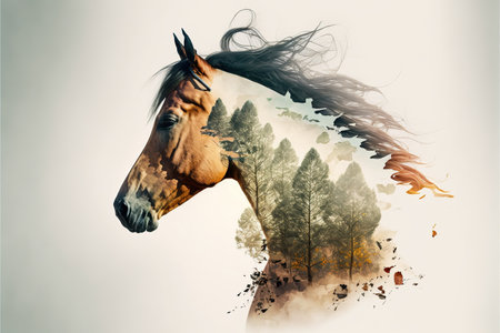 Horse with double exposure with natural forest landscape background as concept of animal in natural adventure in the wilderness with animal artwork. Superb Generative AI.の素材