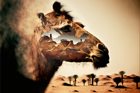 Camel abstract artwork in double exposure of sahara desert, animal art with sand landscape as dromedary with nature background concept. Superb Generative AI.の素材