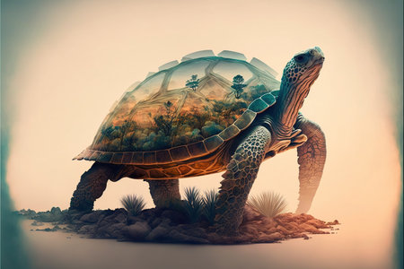 Contemporary abstract artwork double exposure turtle of and forest landscape design, concept of aimal and natural wilderness adventure. Superb Generative AI.の素材