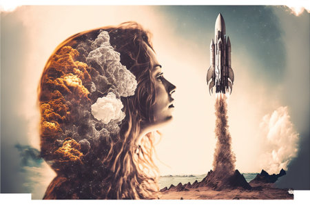 Double exposure woman portrait with space rocket takeoff and launch into sky as creative concept for business startup company symbolizing idea of company skyrocketing to success. Superb Generative AIの素材