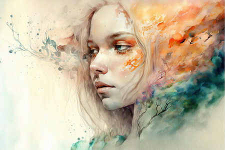 Beautiful pale skin woman portrait with blossom flower bouquets hairstyle on isolated background double exposure. Girl face cover with blossom springtime leaves. Superb Generative AI.の素材