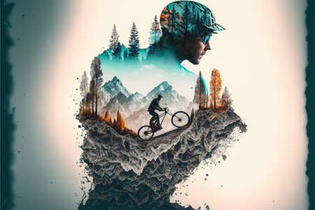 Image of double exposure silhouette biker and mountain forest landscape in creative modern abstract art. Nature and outdoor adventure or extreme sport in the wilderness concept. Superb Generative AI.の素材