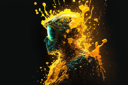 Contemporary abstract artwork of astronaut in space suit floating in the vastness of deep space and yellow fluid or smoke. Cosmic exploration or travel in state of mind concept. Superb Generative AI.の素材