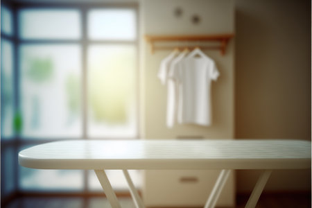 Focus table placing towel in blur laundry and washing machine background. Concept of blank space for advertising product. Finest generative AI.の素材