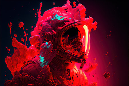 Contemporary abstract artwork of astronaut in space suit floating in the vastness of deep space and red fluid or smoke. Cosmic exploration or travel in the state of mind concept. Superb Generative AI.の素材