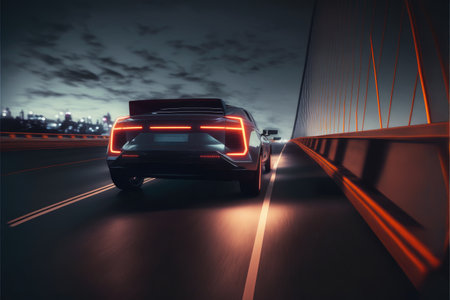 Cyber neon driving green power sport car with hybrid technology automotive in futuristic. Concept of light glowing on dark city view in night life. Finest generative AI.の素材