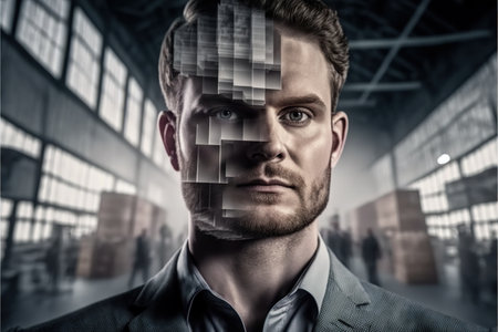 Fast-paced business environment concept warehouse with modern logistic supply chain handling for efficient storage handling with portrait of businessman in wondrous double exposure by Generative AI.の素材