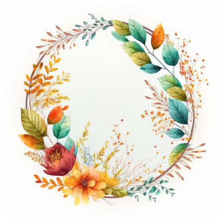 Watercolor pastel colorful floral wreath. Drawing in circle made from dried flowers in circle crown shape concept. Finest generative AI.の素材