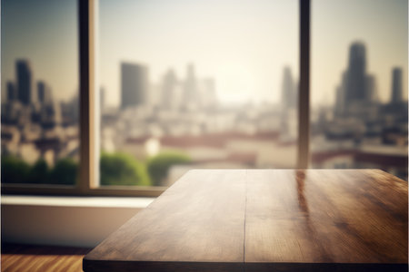 Empty wooden table in front of blurry background overlooking through large window. Concept of outside warm light skyscraper view. Finest generative AI.の素材