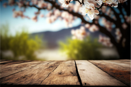 Focus empty wood table in blossom flower with blurred natural tree background. Concept of blank space for advertising product. Finest generative AI.の素材