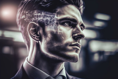 Thoughtful factory supervisor or businessman portrait and wondrous double exposure with industrial production line conveyor process in background. Industrial manufacturing design by Generative AI.の素材