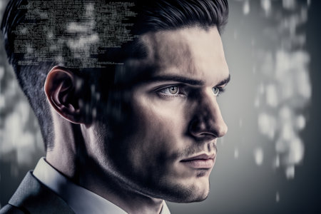 Wondrous visually business intelligence database code double exposure on portrait of pensive businessman wearing black suit as concept of modern analytic businesspeople by Generative AI.の素材