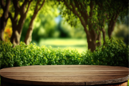 Empty wooden table in natural green garden outdoor. Product placement with sunday light. Finest generative AI.の素材