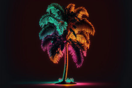 Creativity by neon palm isolated black background with reflective light. Concept of colorful and multicolored florescent lighting tree. Finest generative AI.の素材