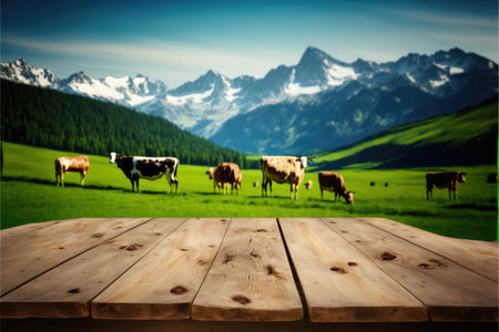Focus empty wood table with blurred natural tree and cow with meadow background. Concept of blank space for advertising product. Finest generative AI.の素材