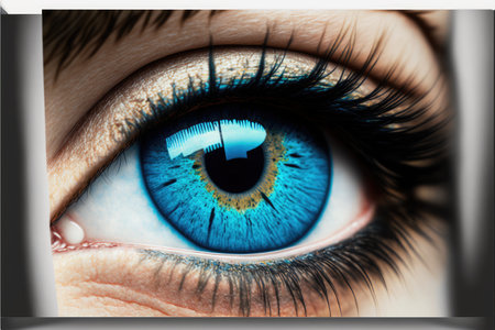 Close-Up of eye perfect blue eye macro vision. Concept of through eyelash view precise and straight to the target. Finest generative AI.の素材