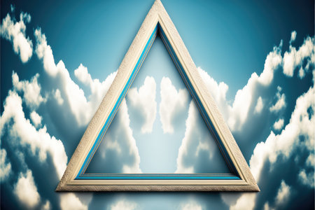Frame made with covered white cloud in the sky in triangle shape. Concept of luxurious fantasy window. Finest generative AI.の素材