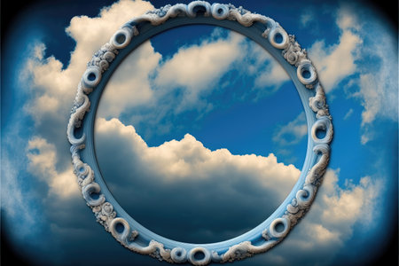 Frame made with covered white cloud in the sky in circle shape. Concept of luxurious fantasy window. Finest generative AI.の素材