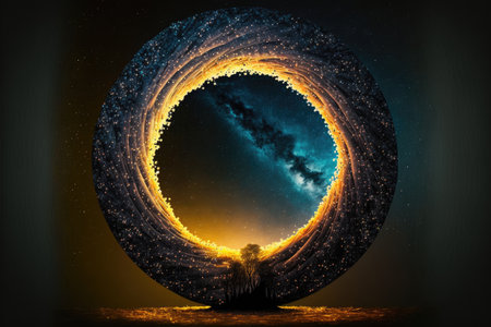 Abstract in glowing neon starlight and particles in circle shape. Concept of fantastic sparkle dust with hole frame in nebula space. Finest generative AI.の素材