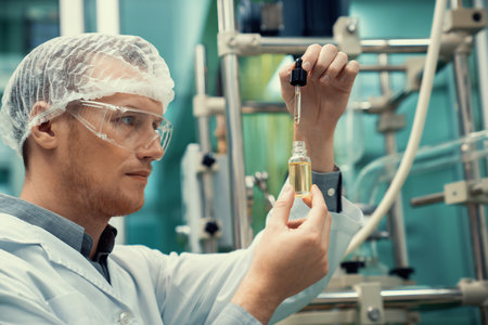 A scientist or apothecary extracts CBD hemp oil for medicinal purposes in a laboratory. Alternative cannabis-based medicine produced from cannabis extraction machine.の写真素材