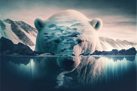 image shown by polar bear suffer due to melting ice caused by the impact of climate change on double exposure of global warming turning arctic hotter in background. Superb Generative AI.の素材