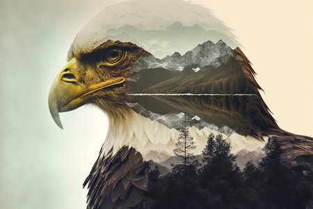 Bird of prey eagle head portrait with sharp eyesight on double exposure with natural landscape with lush forest and mountain scenery showing beauty and majesty of nature. Superb Generative AI.の素材