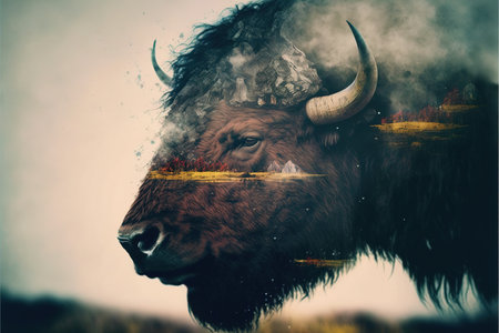 American male bison grazing on grassland with double exposure background of natural scenery in yellowstone. Large mammal body with fur and horn. Superb Generative AI.の素材