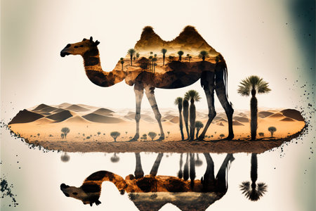 Camel abstract artwork in double exposure of sahara desert, animal art with sand landscape as dromedary with nature background concept. Superb Generative AI.の素材