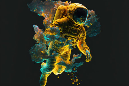 Contemporary abstract artwork of astronaut in space suit floating in the vastness of deep space and yellow fluid or smoke. Cosmic exploration or travel in state of mind concept. Superb Generative AI.の素材