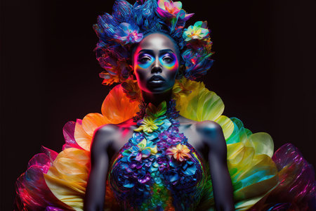 Haute couture or high fashion design in vivid colorful makeup on woman model on isolated background. Contemporary abstract art design of beautiful dress in flower style. Superb Generative AI.の素材